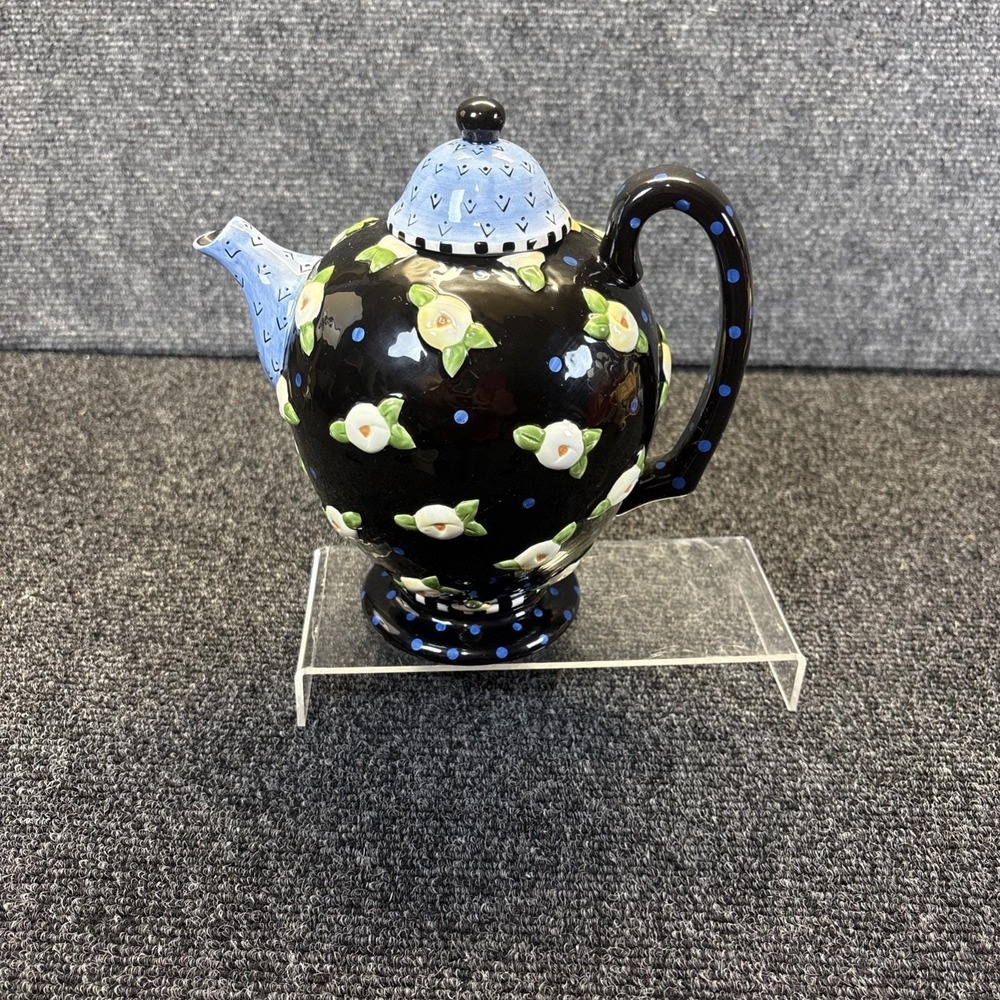 Vtg~Mary Engelbeit Ceramic Teapot~Black/Blue Flowers~ME~1997